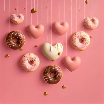 Donuts in the form of hearts and rings hang in the air on a pink background. Stock Illustration