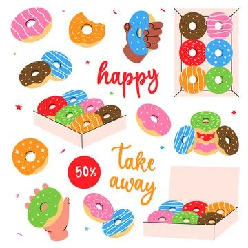 Donuts. Glazed doughnuts with sprinkles. Bakery sweet pastry food. Hand drawn Stock Illustration