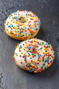 Donuts glazed with various sprinkles Stock Photos