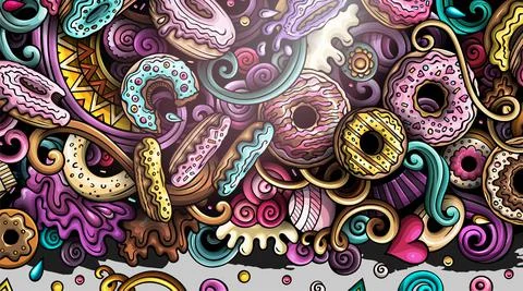 Donuts hand drawn doodle banner. Cartoon detailed illustrations. Stock Illustration