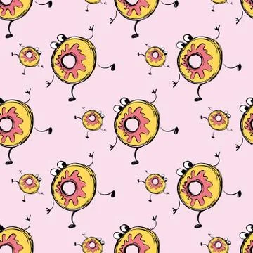 Donuts hand drawn seamless pattern. Stock Illustration