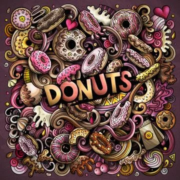 Donuts hand drawn vector doodles illustration. Sweets poster design. Ilustração Stock