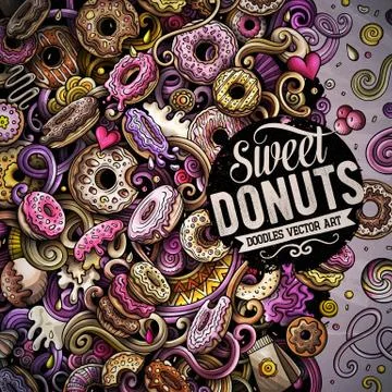 Donuts hand drawn vector doodles illustration. Sweets frame card design. Stock Illustration