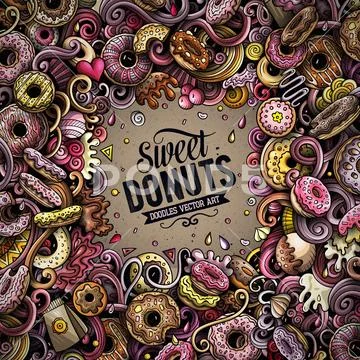 Donuts hand drawn vector doodles illustration. Sweets frame card design. Stock Illustration
