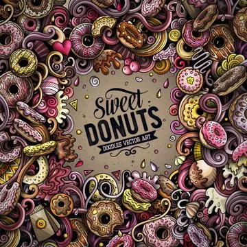 Donuts hand drawn vector doodles illustration. Sweets frame card design. Ilustração Stock