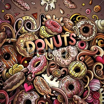 Donuts hand drawn vector doodles illustration. Sweets frame card design. Stock Illustration
