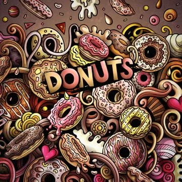 Donuts hand drawn vector doodles illustration. Sweets frame card design. Stock Illustration