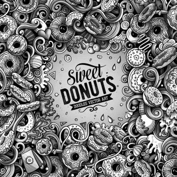 Donuts hand drawn vector doodles illustration. Sweets frame card design Stock Illustration
