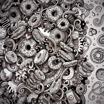 Donuts hand drawn vector doodles illustration. Sweets frame card design Stock Illustration