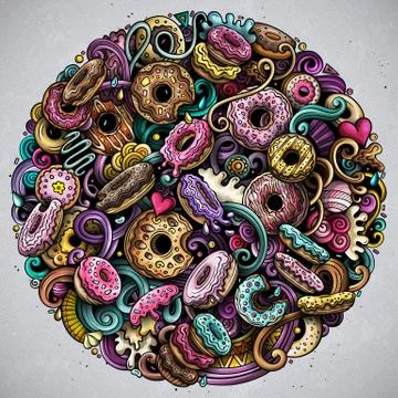 Donuts hand drawn vector doodles round illustration. Sweets poster design. Stock Illustration