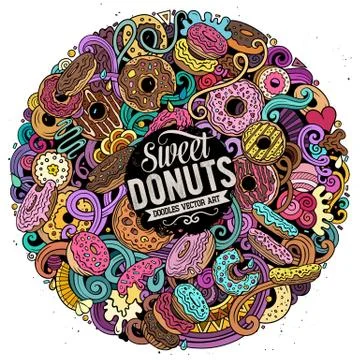 Donuts hand drawn vector doodles round illustration. Sweets poster design. Illustrazione stock