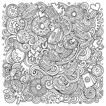 Donuts hand drawn vector doodles illustration. Sweets poster design. Ilustração Stock