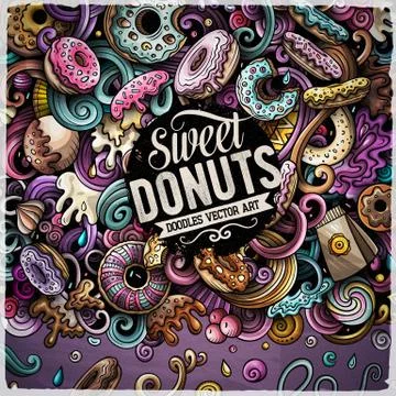 Donuts hand drawn vector doodles illustration. Sweets frame card design. Stock Illustration