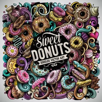 Donuts hand drawn vector doodles illustration. Sweets poster design. Stock Illustration