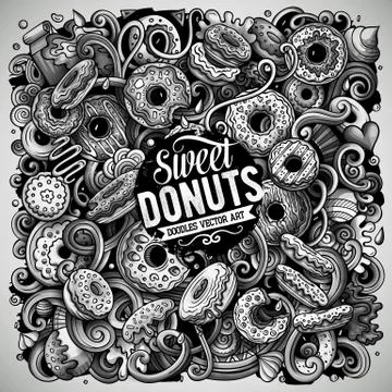 Donuts hand drawn vector doodles illustration. Sweets poster design. Stock Illustration
