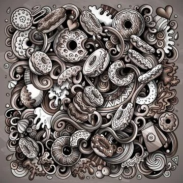 Donuts hand drawn vector doodles illustration. Sweets poster design. Stock Illustration