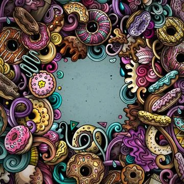 Donuts hand drawn vector doodles illustration. Sweets frame card design. Stock Illustration