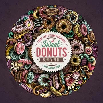Donuts hand drawn vector doodles illustration. Sweets poster design. Illustrazione stock
