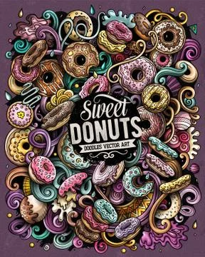 Donuts hand drawn vector doodles illustration. Sweets poster design. Stock Illustration