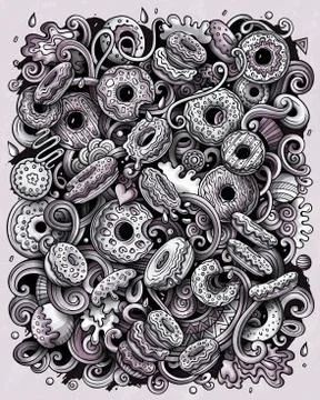 Donuts hand drawn vector doodles illustration. Sweets poster design. Stock Illustration