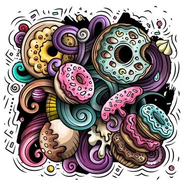 Donuts hand drawn vector doodles illustration. Stockillustratie