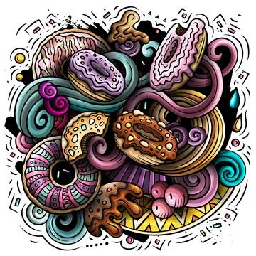 Donuts hand drawn vector doodles illustration. Stockillustratie