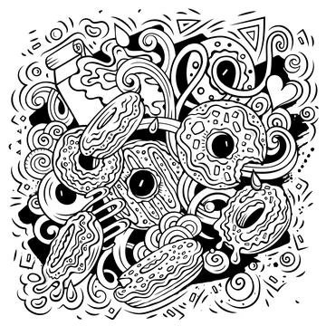 Donuts hand drawn vector doodles illustration. Illustrazione stock