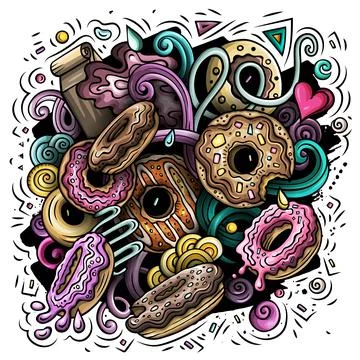 Donuts hand drawn vector doodles illustration. Stock Illustration