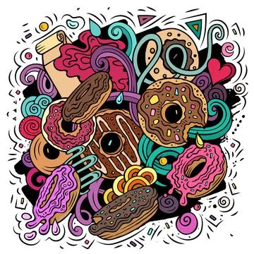 Donuts hand drawn vector doodles illustration. 스톡 일러스트