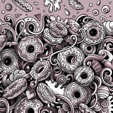 Donuts hand drawn vector doodles illustration. Sweets frame card design 스톡 일러스트