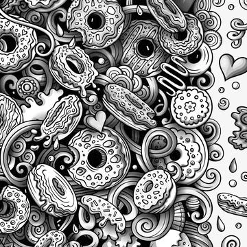 Donuts hand drawn vector doodles illustration. Sweets frame card design Illustrazione stock