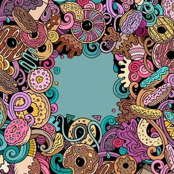 Donuts hand drawn vector doodles illustration. Sweets frame card design. Illustrazione stock