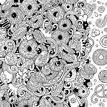 Donuts hand drawn vector doodles illustration. Sweets frame card design. Ilustração Stock