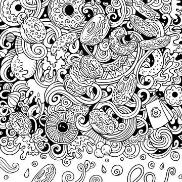 Donuts hand drawn vector doodles illustration. Sweets frame card design. Ilustração Stock