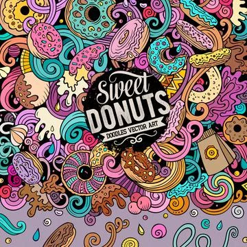 Donuts hand drawn vector doodles illustration. Sweets frame card design. Illustrazione stock