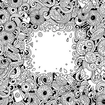 Donuts hand drawn vector doodles illustration. Sweets frame card design. Stock Illustration