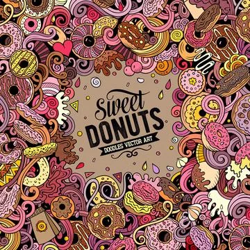 Donuts hand drawn vector doodles illustration. Sweets frame card design. Illustrazione stock