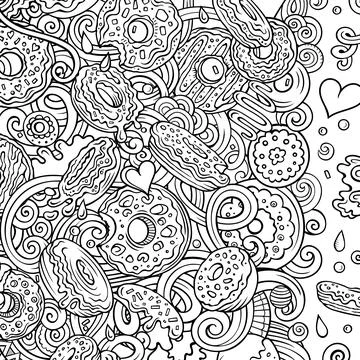 Donuts hand drawn vector doodles illustration. Sweets frame card design. Stock Illustration