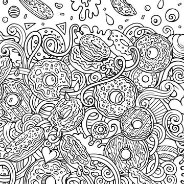 Donuts hand drawn vector doodles illustration. Sweets frame card design. Illustrazione stock