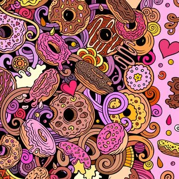 Donuts hand drawn vector doodles illustration. Sweets frame card design. Stock Illustration