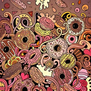 Donuts hand drawn vector doodles illustration. Sweets frame card design. Illustrazione stock