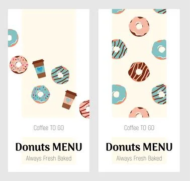Donuts Meu. Drawn cute donuts and cups of coffee on a delicious milky background Stock Illustration