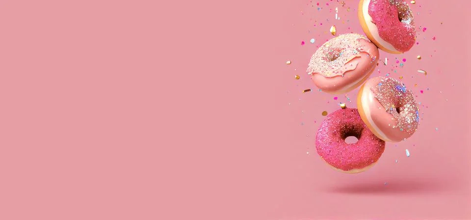 Donuts with multi-colored cream and multi-colored sprinkles hanging in the air Stock Illustration
