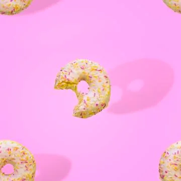 Donuts pattern bitten bake sweet dessert pink background Stock Photos