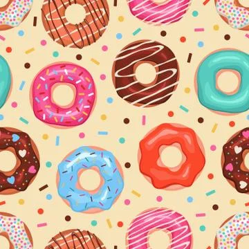 Donuts seamless pattern. Colored doughnuts assorted, american sweet food. Design Stock Illustration