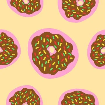 Donuts seamless pattern with colorful sprinkles, chocolate cream and pink g.. Stock Illustration