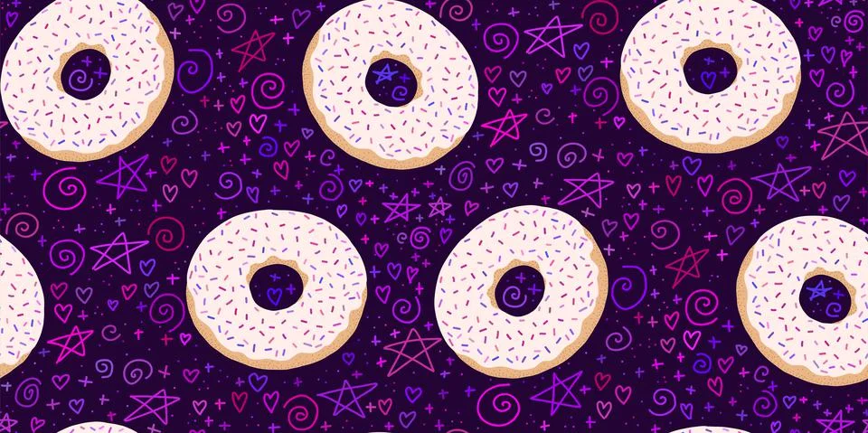 Donuts seamless pattern on a dark background Illustrazione stock