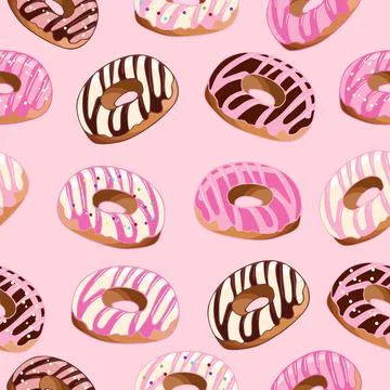 Donuts seamless pattern in pink and chocolate glaze. Dessert food illustration Stock Illustration