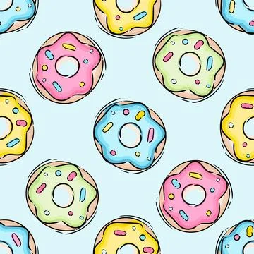 Donuts Seamless Pattern with Pink, White and Chocolate Glaze on blue backdrop Stock Illustration