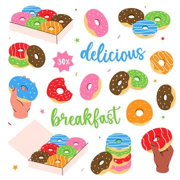 Donuts set banner. Glazed doughnuts with sprinkles. Bakery sweet pastry food Stock Illustration